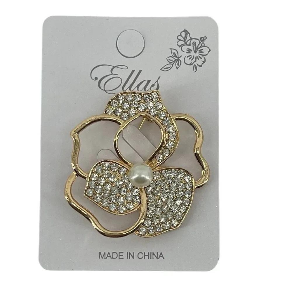 Ellas Gold Tone Rhinestone Flower Brooch Pin Pearl Floral Statement Lapel Pin